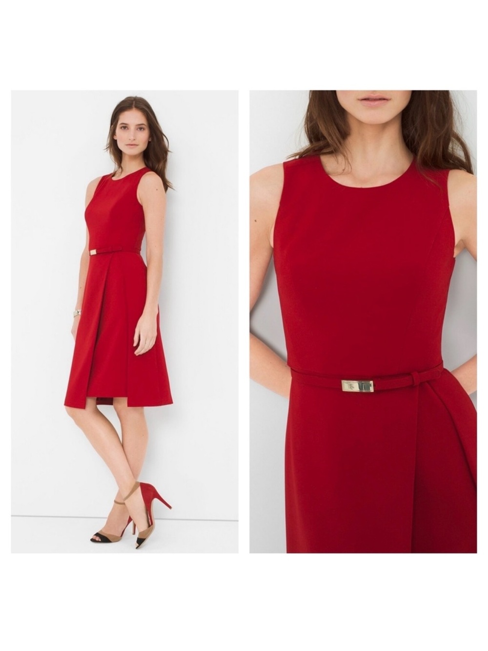 White House Black Market Red Sleeveless Fit-and-Flare Midi Dress with Slim Belt